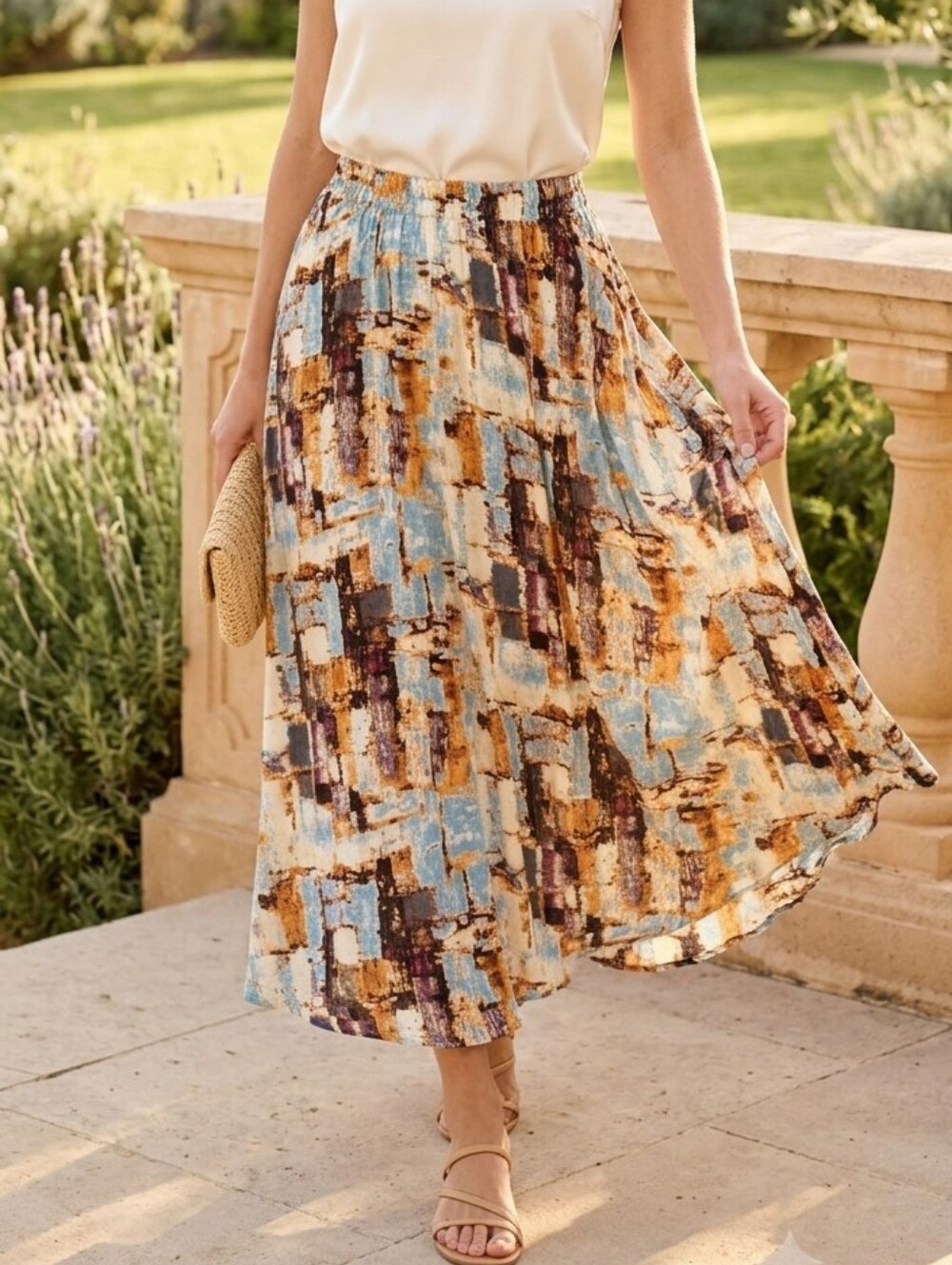 Abound Abstract Print Flowy Midi Skirt with Hidden Pockets - Size XL